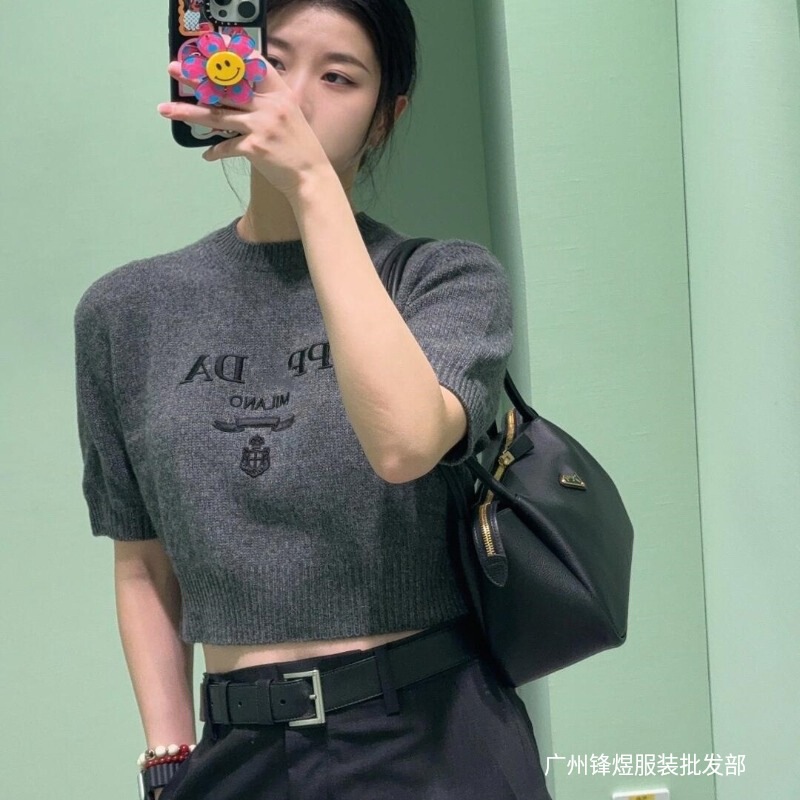 P Brand 2025 New Letter Embroidery Logo Wool T-Shirt Cashmere Blend Fashion Knitwear Short-Sleeve Sweater Women's Clothing
