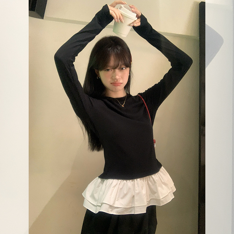 宋正恩芭蕾风花边黑色长袖t恤女秋季新款加绒修身内搭打底衫上衣|undefined