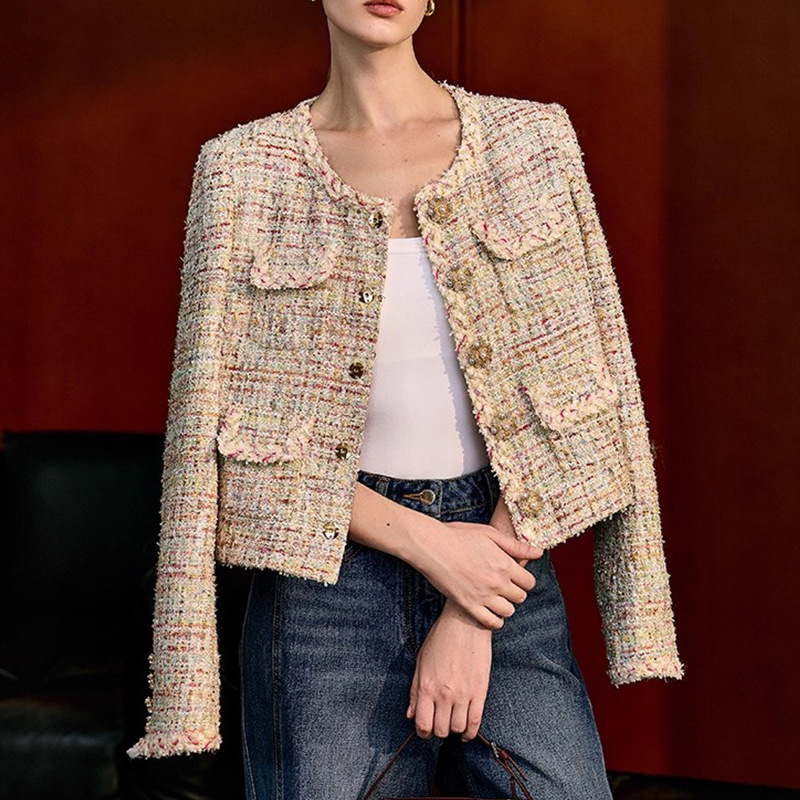 Autumn New Loose Fashion Elegant Exquisite Chanel-Style Jacket Women's Design Tweed Woven Short Top