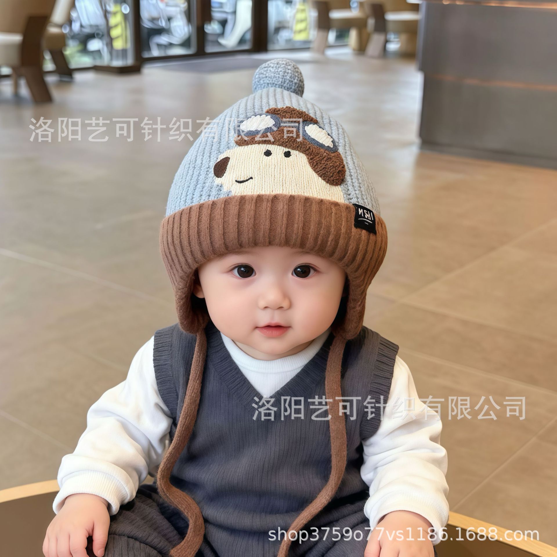 Baby knitted earflap hat, autumn and winter cartoon pilot-style wool hat, infant warm and windproof hat, unisex knitted hat for boys and girls