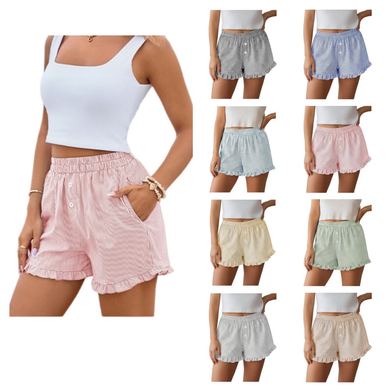 Cross-Border European and American Amazon Women's Pleated Boxer Shorts 2026 Summer Striped Casual Beach Bottoms with Pockets Cross-Border European and American Amazon Women's Pleated Boxer Shorts 2026 Summer Striped Casual Beach Bottoms with Pockets