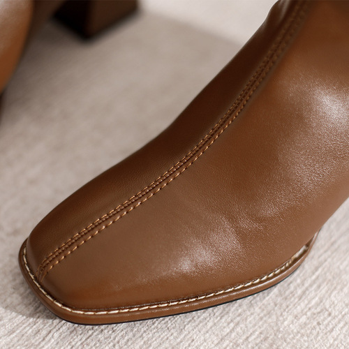 Brown thick heel French short boots for women  slimming new square toe off-white ankle and bare boots with medium and high heels