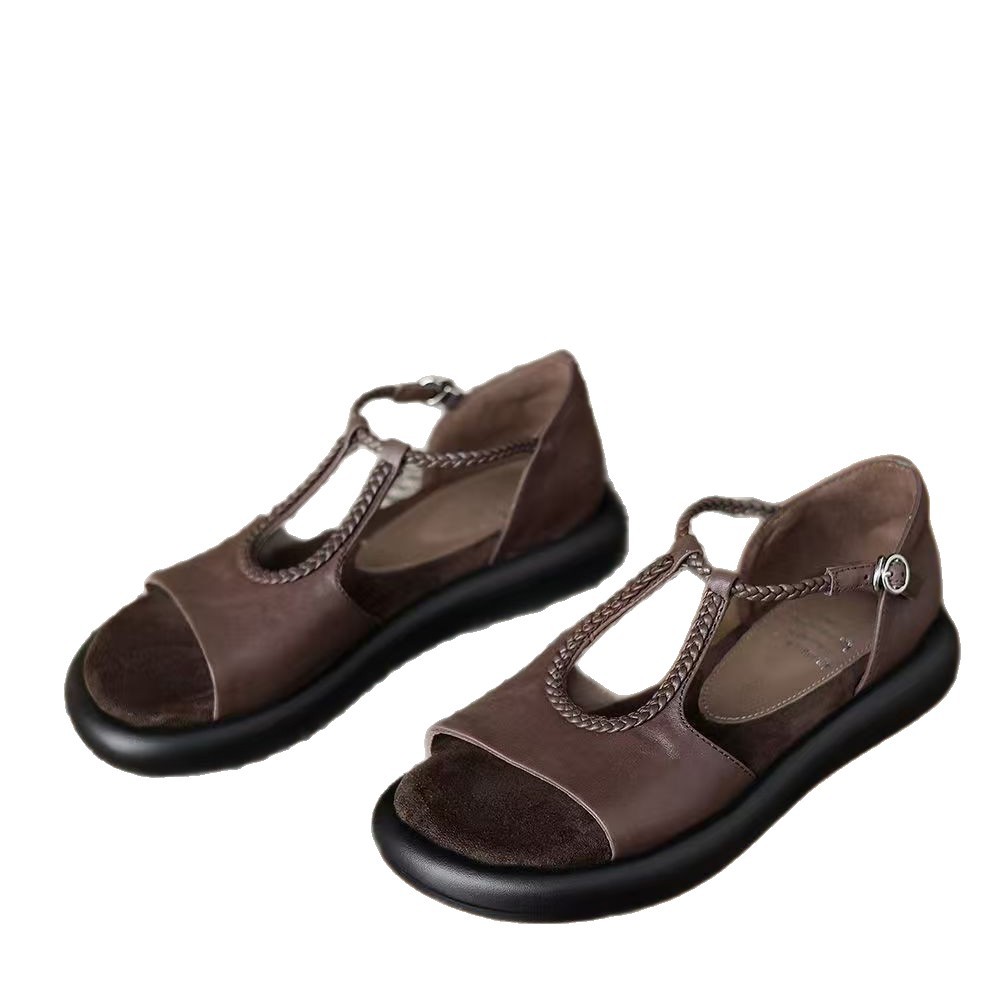 Boca de pez sandalias para mujeres verano nuevo tipo de fondo plano gigante suave T-cinturón sandalias de mujer tacones marrón negro otros