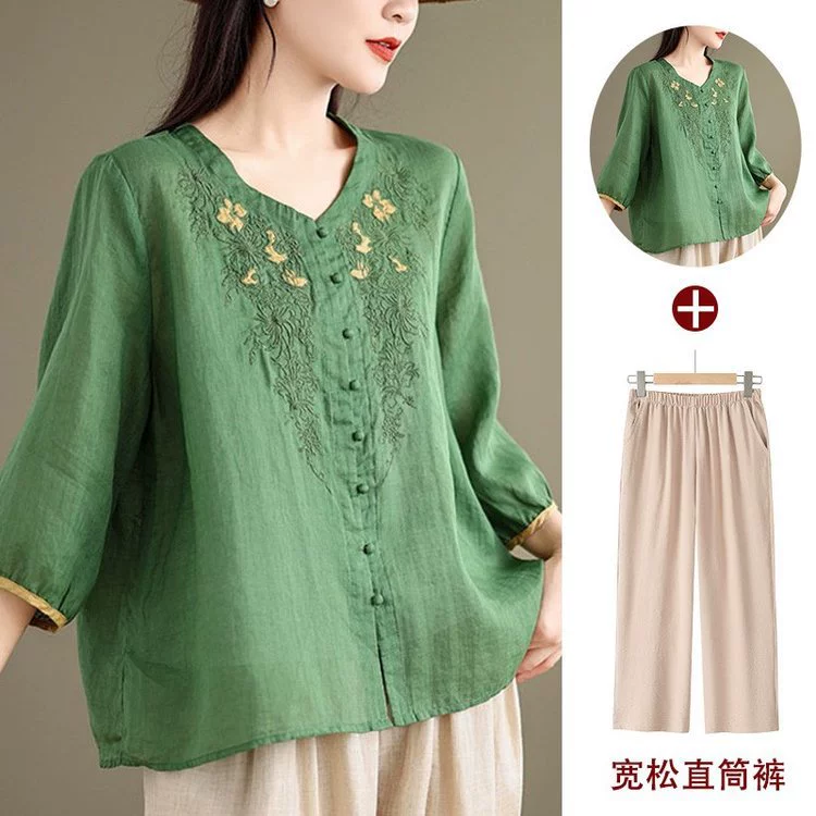 Летний костюм для мамы 2025, новый комплект для женщин среднего и старшего возраста в китайском стиле: шифоновая блузка с коротким рукавом и брюки, двухсоставной набор