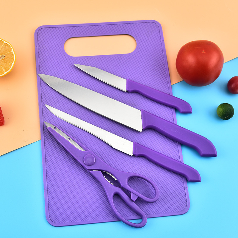 Amazon en stock traje de cuchillo de acero inoxidable tijeras de cocina para el hogar cuchillo de fruta multifuncional con tabla de cortar traje de cinco piezas