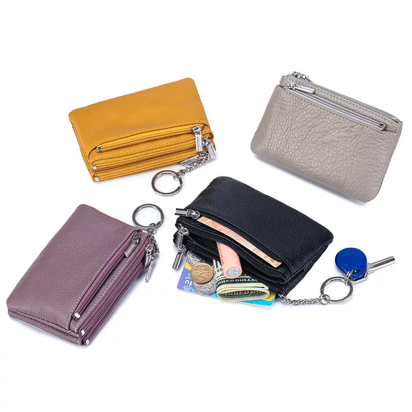 First-Layer Cowhide Simple Women's Three-Zipper Coin Purse, Genuine Leather, Compact and Exquisite Storage Bag, Coin Holder with Key Ring