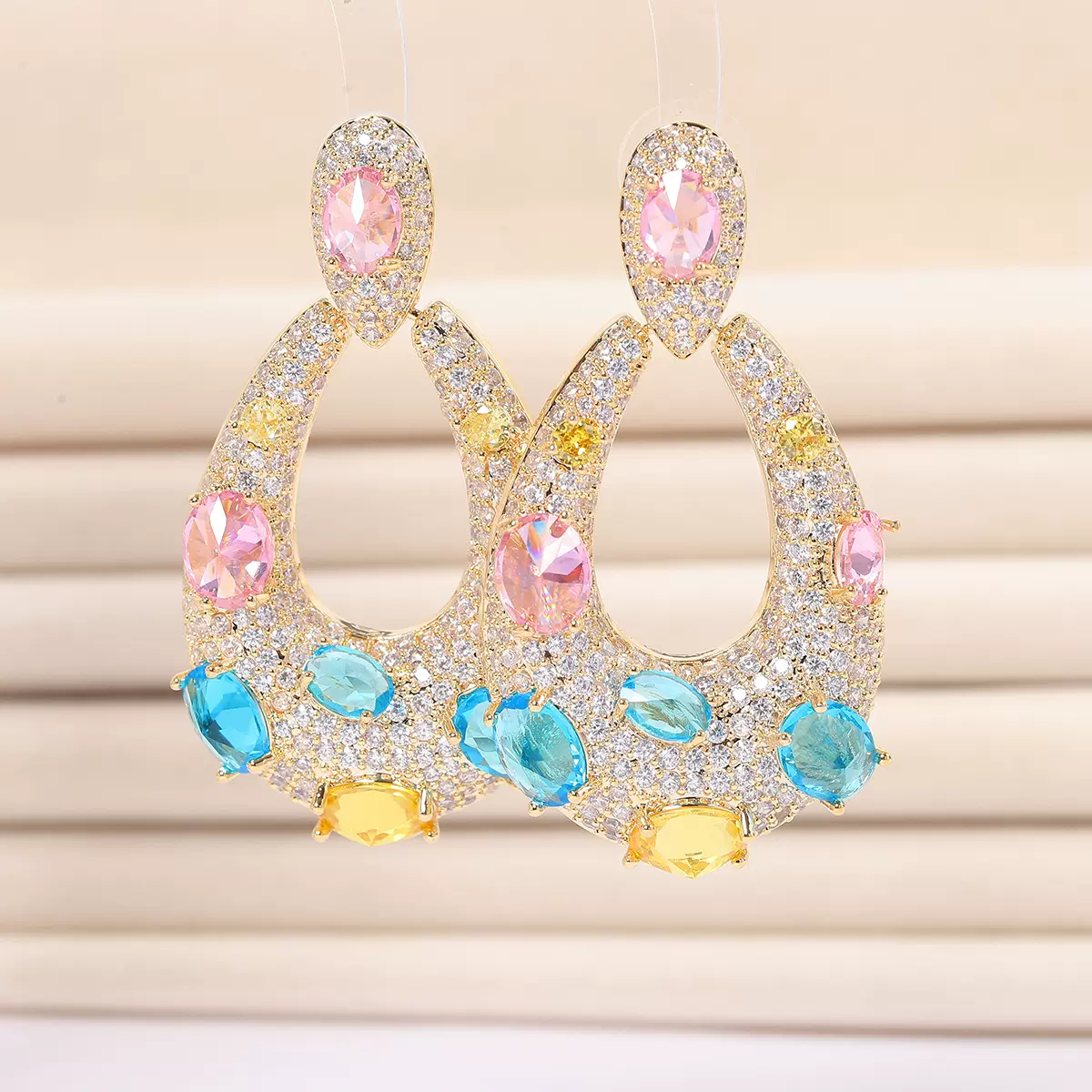 欧美时尚水晶夸张复古耳环彩色长款微镶锆石轻奢时尚气质优雅饰品