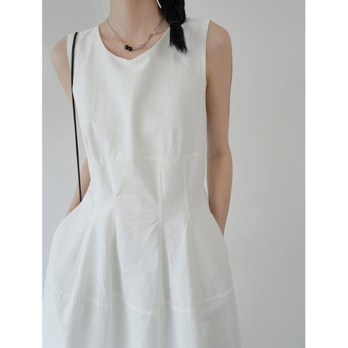 Minimalist vest dress, women's summer new style, French round neck, mid-length dress, waist, Korean slim A-line sleeveless dress