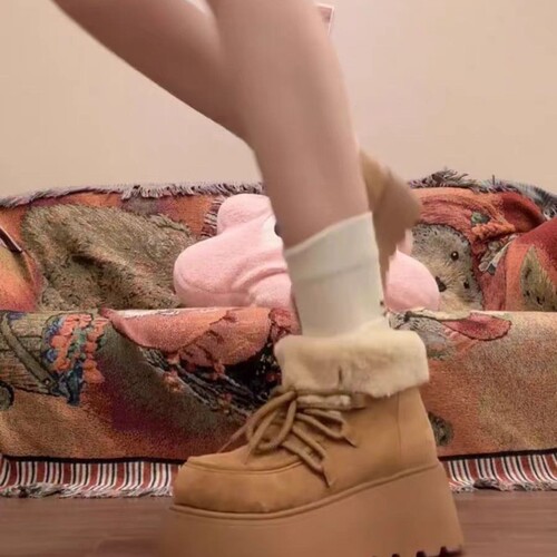 Short Fleece-Lined Cotton Boots—Northeast Style, Winter New Arrival, Height-Increasing, Large-Head Design with Laces and Thick Sole, Women's Snow Boots