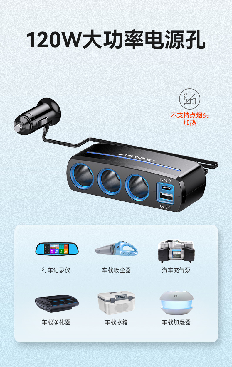 车载快速充电器一拖三QC快充一分三转换插头手机汽车上用点烟器SD-1940	详情4