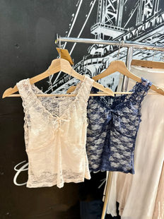 Lace summer tank top, T-shirt with bow sleevless, slim fit, V-neckline