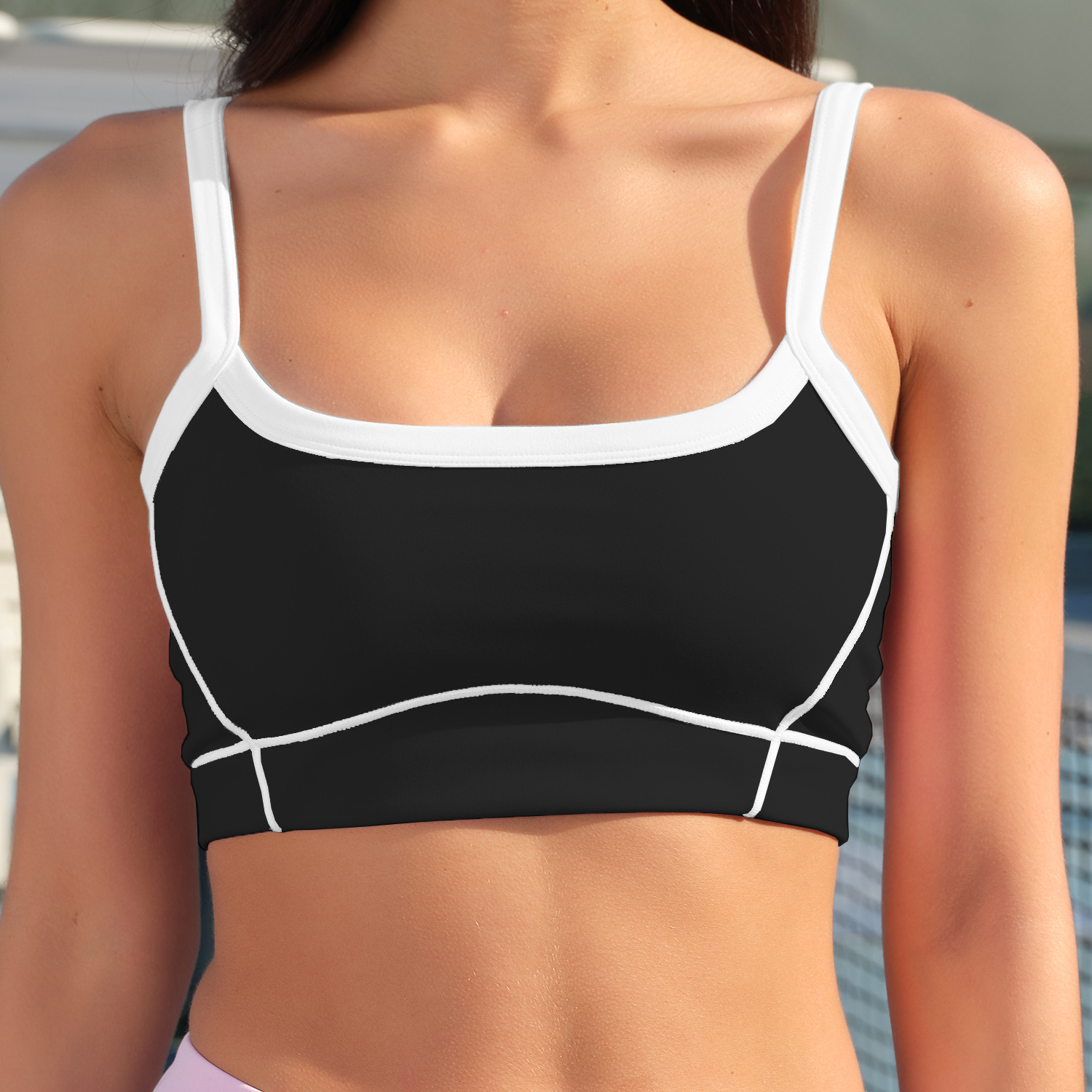 Conjunto deportivo para mujer estilo europeo y americano con efecto segunda piel, top deportivo con tirantes finos y bloques de color para yoga, conjunto deportivo para correr con control de abdomen y efecto levanta glúteos.