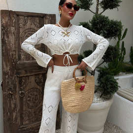 2025跨境欧美时尚新款性感镂空休闲度假气质轻熟针织沙滩裙套装