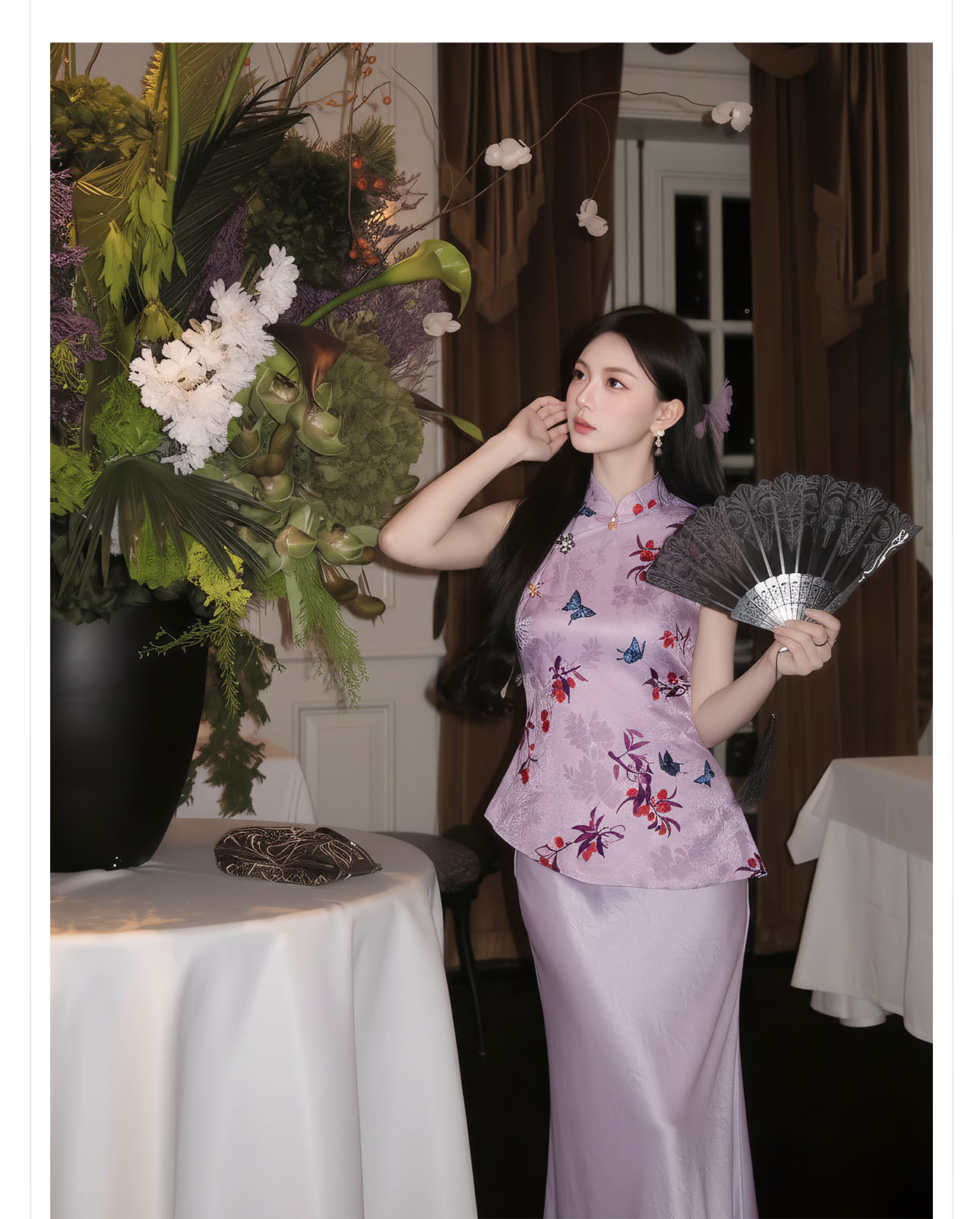 Áo gile nữ cổ đứng không tay họa tiết thêu hoa văn quốc phong — màu tím chi tiết 2