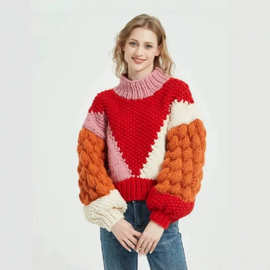 现货 跨境新款欧美纯手工粗棒针针织立体球球毛衣外套女sweater