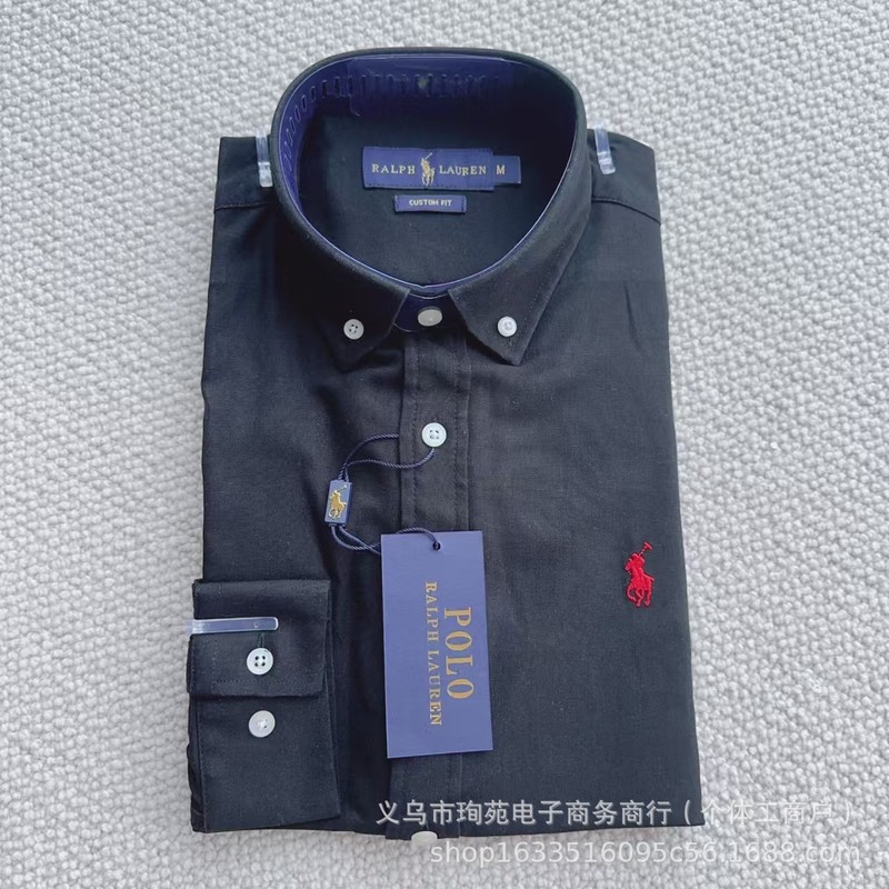 高品RL拉夫小马刺绣经典棉麻长袖通勤情侣老钱风百搭衬衫纯色|undefined