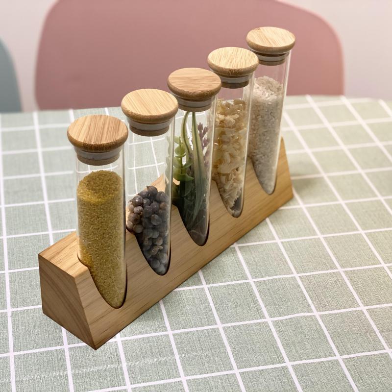 Tubo de ensayo de vidrio de borosilicato estante de exhibición de madera maciza muestra té granos de café cocina clasificación de almacenamiento tanque de almacenamiento