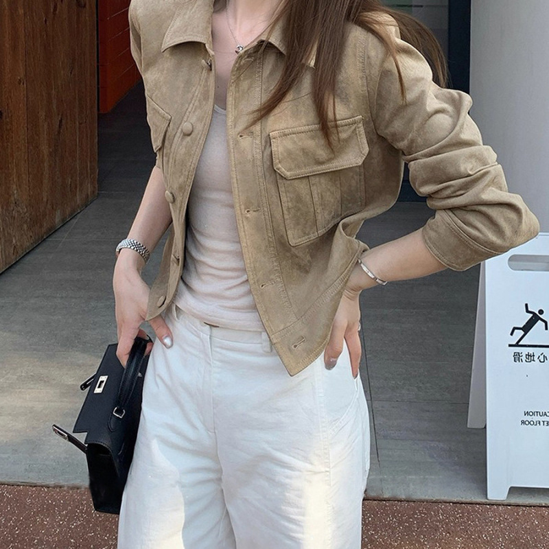 London Old Dream Retro Suede Tops Women's Autumn Khaki Short Work Tops Easiest for Match Top