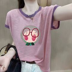 100% 竹綿半袖 Tシャツ女性の夏服 2024 新しい大きいサイズルーズ痩身お腹カバーコントラストプリントトップ