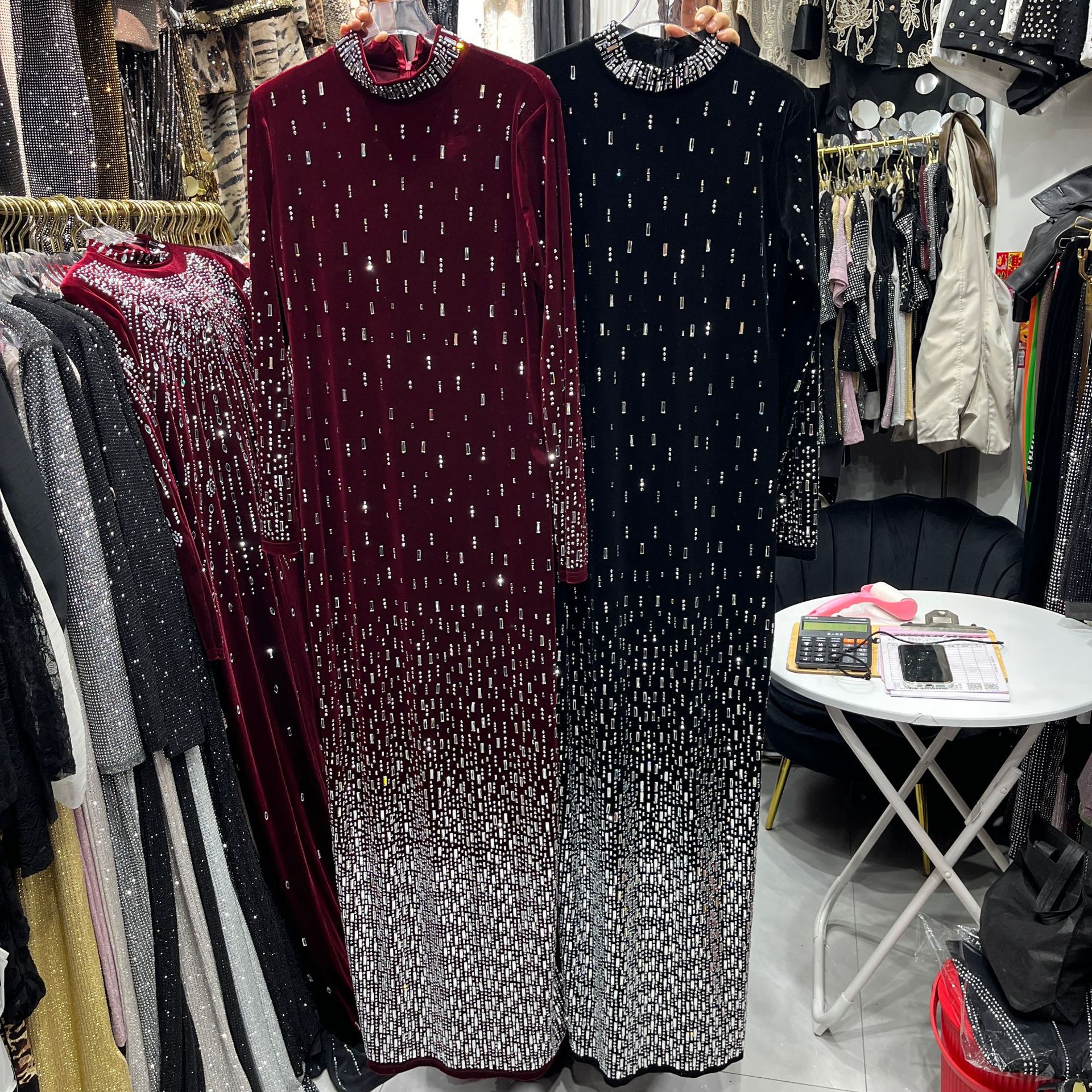 Cross-Border Foreign Trade Plus-Size Gradient Rhinestone Velvet Long Dress for Women, Vintage Fashion Slim-Fit Elegant Party Gown