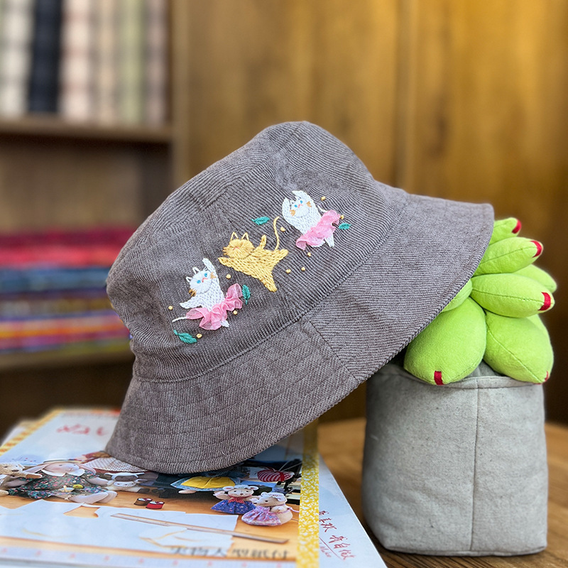 Lu bordado a mano diy sombrero de pescador sombrero de deportes para hombres y mujeres estudiantes sombrero de flores de dibujos animados casuales coreanos