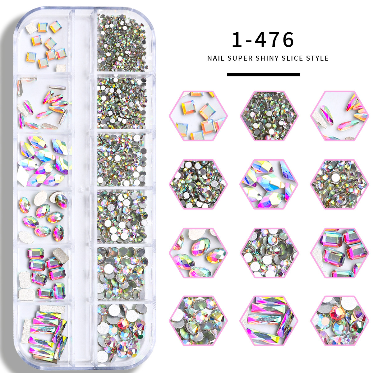 Set de joyas de uñas 12 barras de joyas taladro de uñas largo taladro de fondo plano mezclado taladro de forma especial superbrillante accesorios de uñas