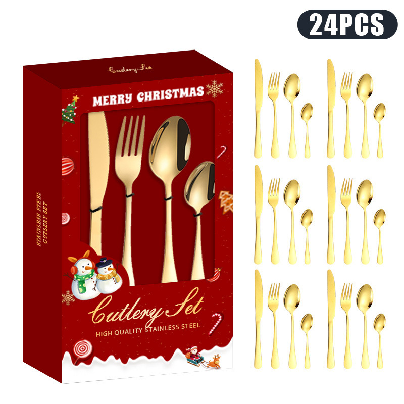 Juego de cucharas, tenedores y cucharas de acero inoxidable transfronterizo Juego de 24 piezas de vajilla Juego creativo de Navidad Caja de regalo de cuchara y tenedor dorado Regalo de la reunión anual