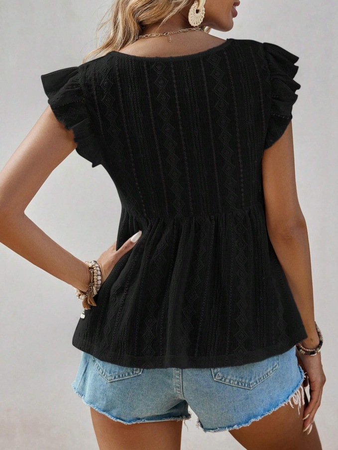 2026 European And American Cross Border Women's Spring And Summer New Fashionable Hollow V-neck Lotus Leaf Short Sleeved Lace T-shirt Top_ecoleips.com