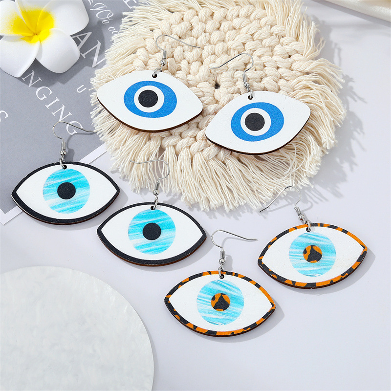 Bohemian exaggerated painted devils eyes wood earrings crossborder jewelrypicture1