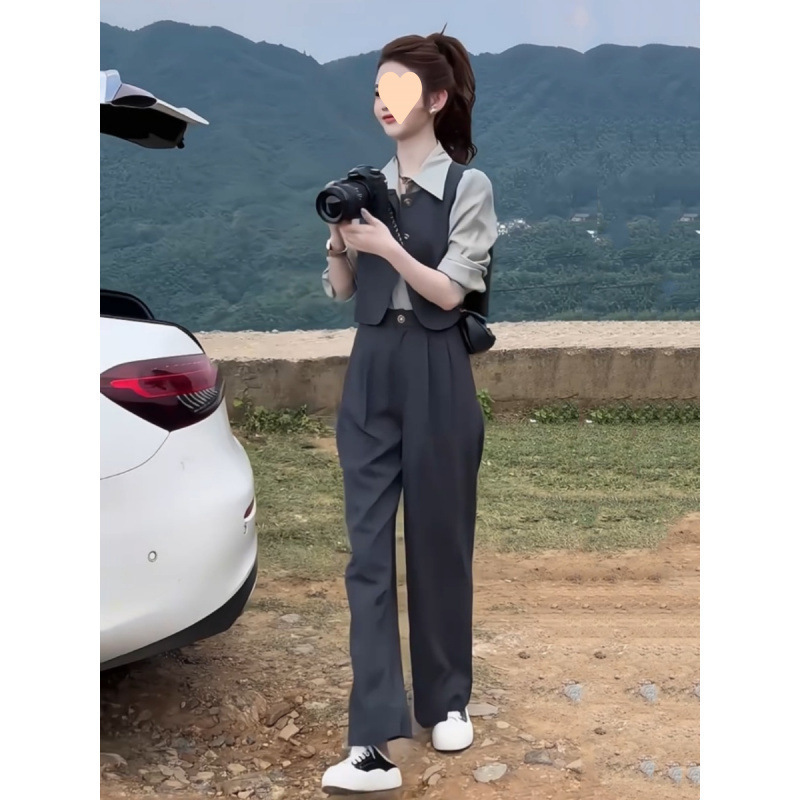 小个子减龄气质套装女2025春季新款长袖衬衫马甲长裤显瘦三件套|undefined