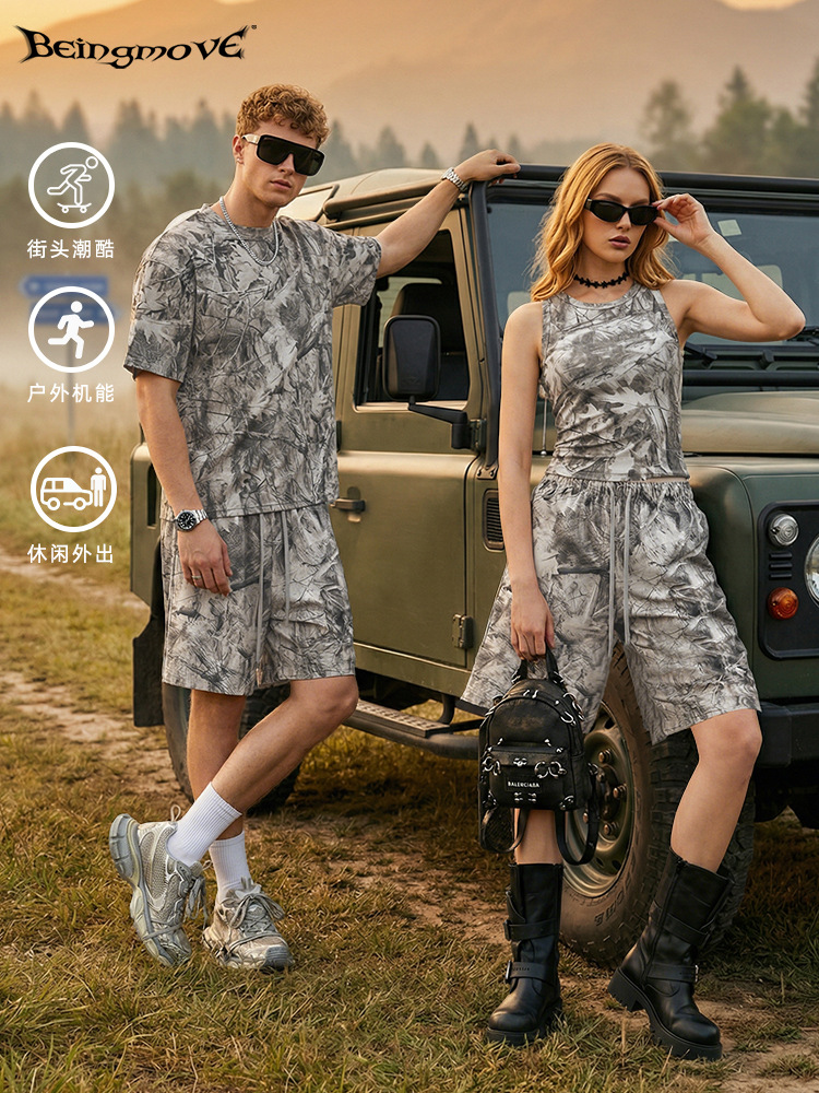 Calle secada| Verano europeo y americano camiseta de manga corta camuflada al aire libre chaleco pantalones cortos de cinturón delgados pareja para hombres y mujeres