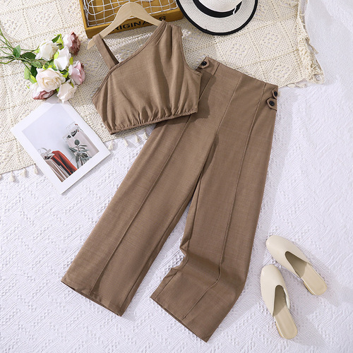 American and European Girls' Set 2026 Summer New Fashion Shoulder Strap Top Casual Wide Leg Suit Pants Two-Piece Set