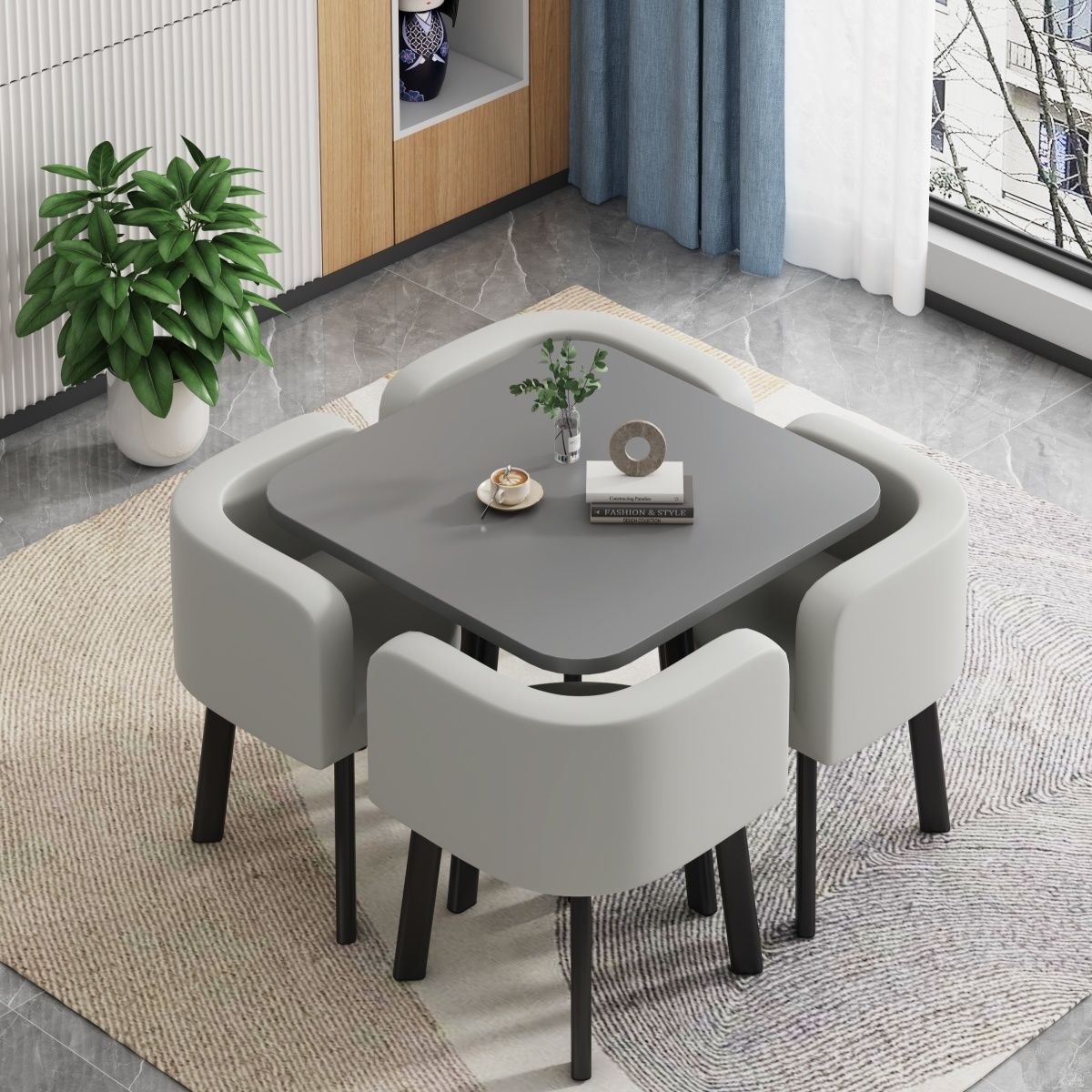 Gray square table + four chairs light gray leather chairs