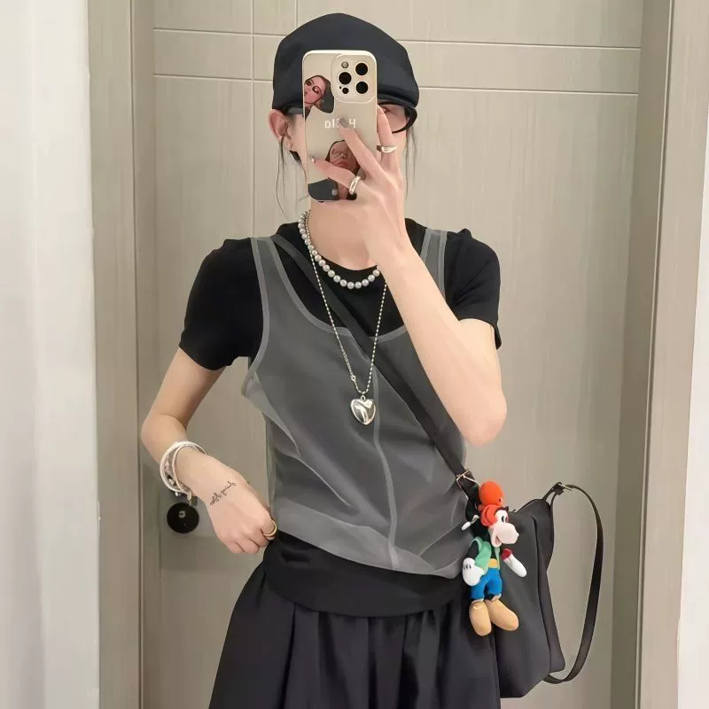 Женская летняя футболка-топ с коротким рукавом, новый стиль 2025 года, для внешней торговли, с сетчатым жилетом, слоистая, сладко-пряная, имитация двухслойного топа