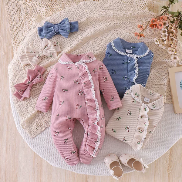 Foreign Trade Children's Clothing Spring and Autumn Girls' Multi-Color Long-Sleeve Lace Floral Print Baby Romper with Bow Headband