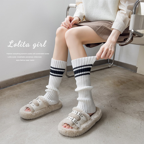 Knitted socks for women in autumn and winter y2k two-bar calf black mid-tube JK hot girl three-bar spring and autumn leg covers piles of leggings