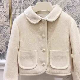 25秋冬女大童翻领纯色人字呢夹棉外套羊毛混纺气质小香风短款外套