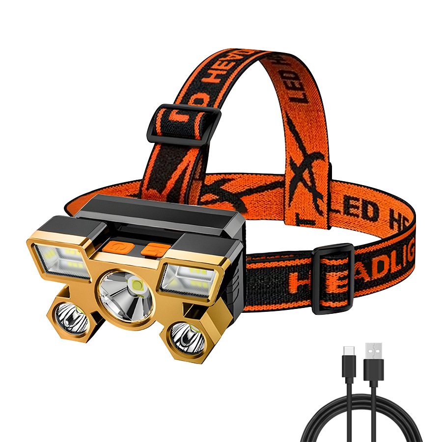 Transfronterizos nuevos fuertes cabezales ligeros led cinco cabezas de avión lámpara USB recargable cabeza pequeña linterna al aire libre lámpara de minería
