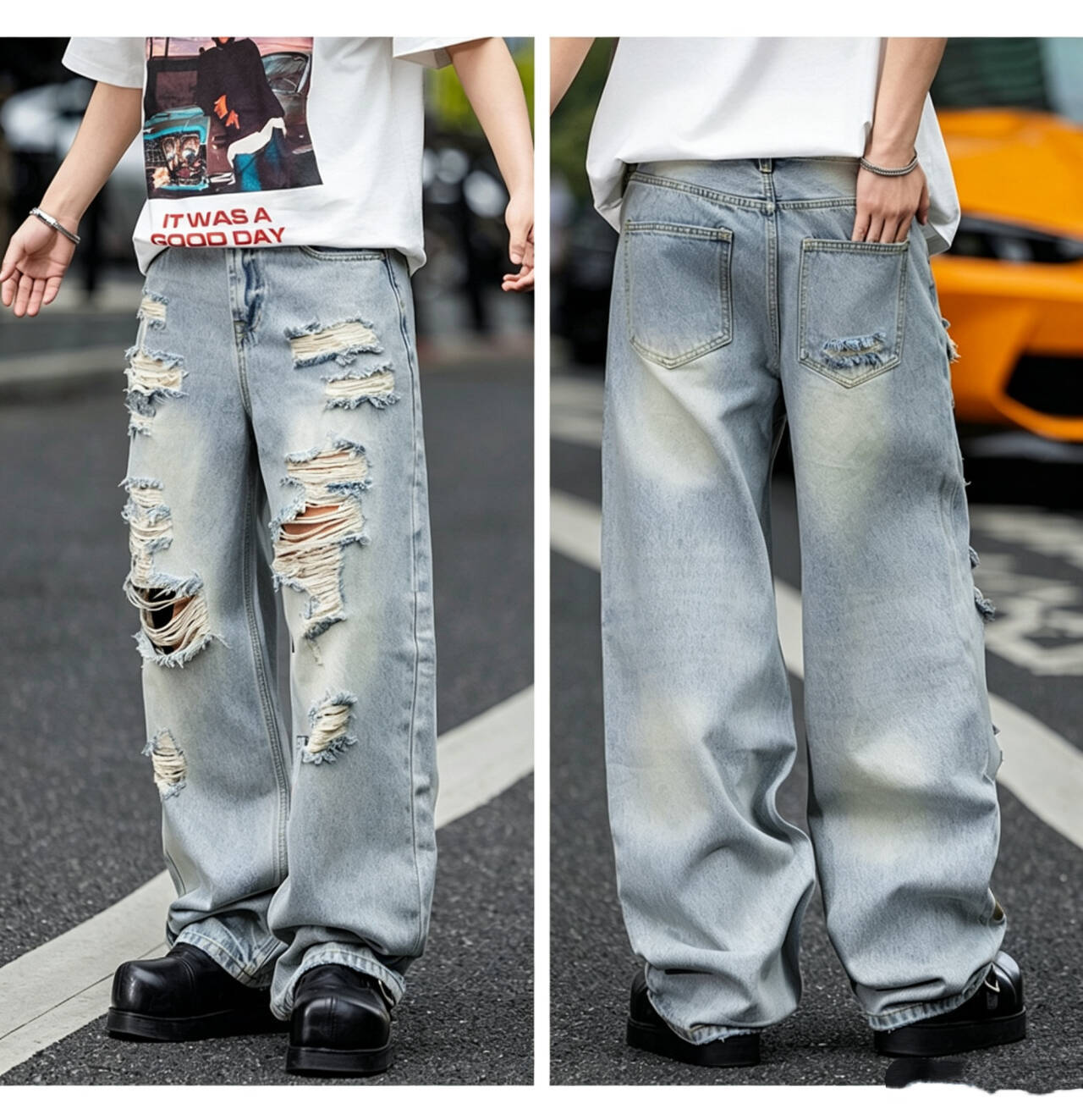 Jeans Rectos con Estampado y Desgastado para Hombre, Algodón y Denim, Diseño Rasgado, Corte Recto, para Primavera y Otoño