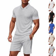 欧美跨境美式宽松男士夏季伯克领休闲华夫格POLO衫短袖短裤套装男