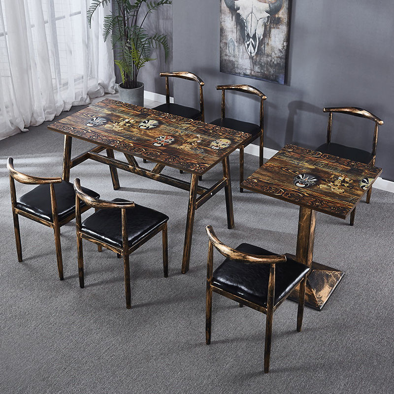 Commercial Retro Theme Fast Food Dining Table and Chair Combination Breakfast Canteen Food Stall Noodle Shop Snack Restaurant Table and Chairs