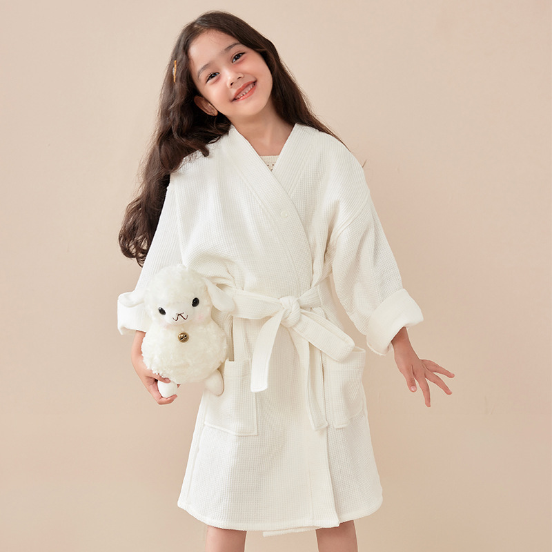純綿ワッフル子供用バスローブ二層ホテルバスローブ男の子と女の子用オールシーズン吸収性ナイトガウン着物ホーム服|undefined