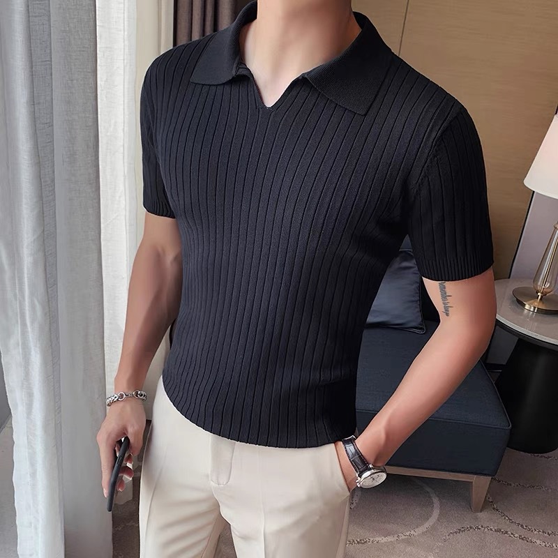 Verano nueva camiseta de punto seda de hielo de manga corta hombre delgado comercial polo camiseta de cuello V camiseta comercio exterior Europa y América al por mayor transfronterizo
