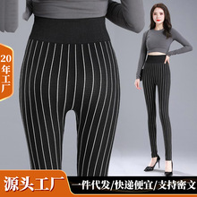 打底裤女外穿批发黑白竖条显瘦加绒小脚裤高腰大码北方棉裤皮薄款