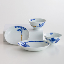 日本进口波佐见染旬菜陶瓷餐具套装日式家用小清新五件套饭碗餐盘