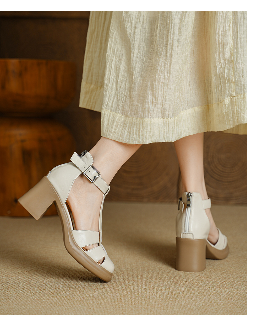 Sandal cao gót nữ phong cách La Mã, mũi kín gót kín, quai chữ T, gót 7.5 cm — màu trắng ngà chi tiết 5