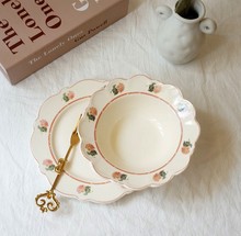 外貿ins簡約法式復古玫瑰陶瓷手繪甜品蛋糕碟早餐沙拉盤西餐牛排
