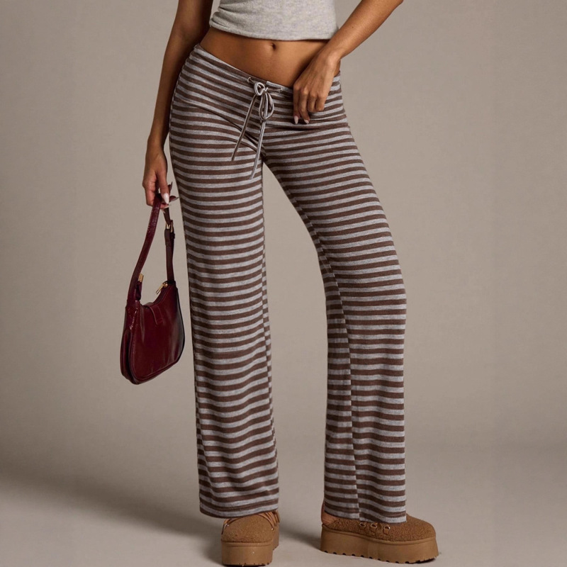 Amazon Cross-Border European and American Foreign Trade Women's Casual Simple Striped Drawstring Retro Home Floor-Length Wide-Leg Straight Pants Amazon Cross-Border European and American Foreign Trade Women's Casual Simple Striped Drawstring Retro Home Floor-Length Wide-Leg Straight Pants