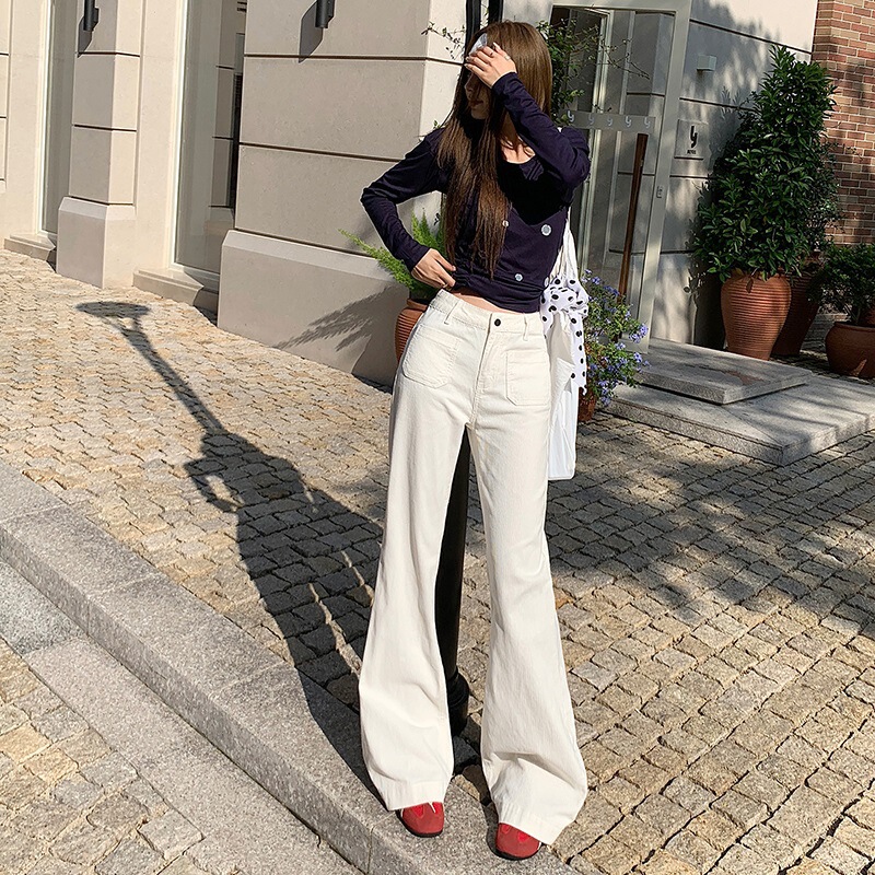 American White Corduroy Bootcut Jeans for Women in Autumn, Low-Waisted, Slimming, Non-Fitting Bell-Bottom Pants