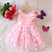 跨境欧美女童可爱立体蝴蝶网纱蓬蓬裙后背V领拼蝴蝶结公主连衣裙